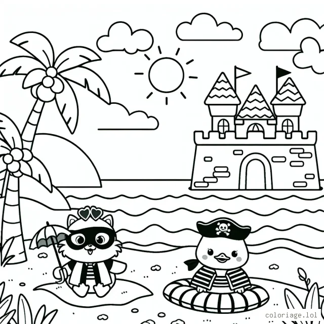 Un château de sable au bord de la mer avec des palmiers, un canard dans un costume de super-héros et un petit chat en chapeau de pirate