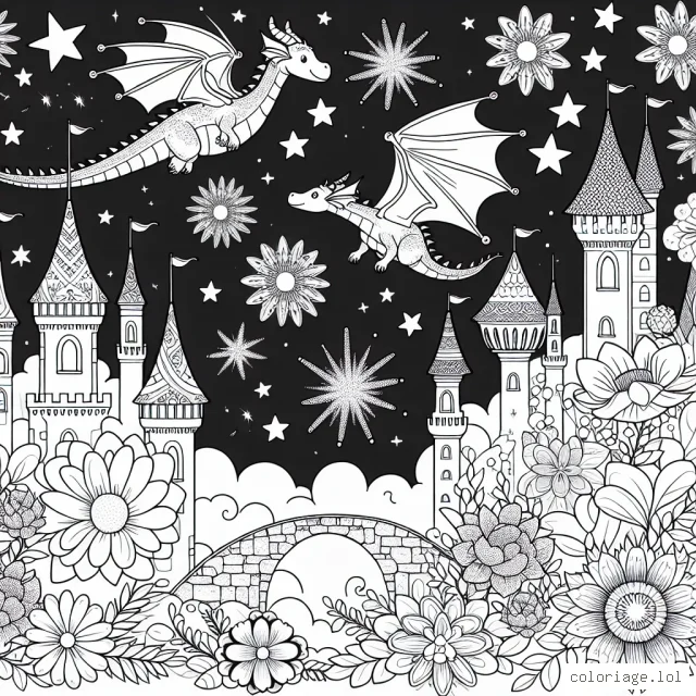 Imagine un univers de dragons amicaux, de châteaux enchantés et de flores luxuriantes. Ces dragons volent haut dans le ciel, déversant des pluies d'étoiles scintillantes de différentes couleurs. Chaque château a une architecture unique, avec des tours hautes, des ponts suspendus et des jardins fantastiques à perte de vue. Les fleurs sont brillantes, pleines de formes et de couleurs vibrantes. Crée une image qui peut faire vivre cet univers magique aux enfants.