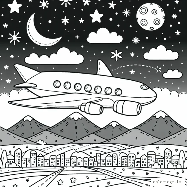 Un avion en plein vol traverse le ciel étoilé, alors qu'une ville brille tout en bas. Des montagnes bordent l'horizon et au loin, une planète lointaine est visible. Sur l'avion, il y a des fenêtres éclairées montrant les passagers à l'intérieur.