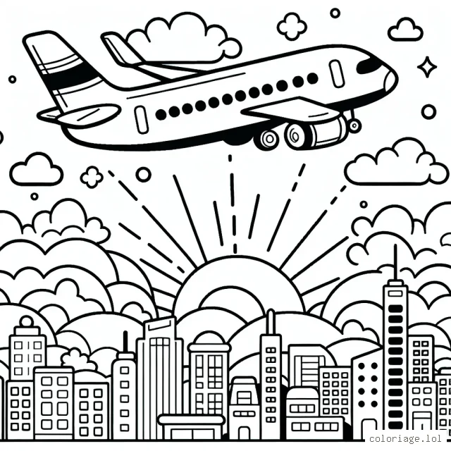 Dessine un avion de ligne au-dessus des nuages, survolant une ville animée avec différents bâtiments en dessous et un beau coucher de soleil en arrière-plan.