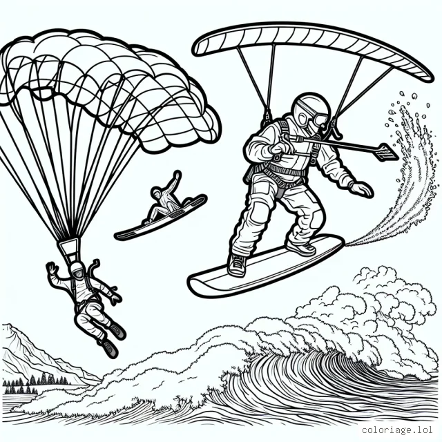 Dessinez un parachutiste audacieux sautant d'un hélicoptère, un surfeur domptant une vague géante et un skieur dévalant une pente raide et enneigée.