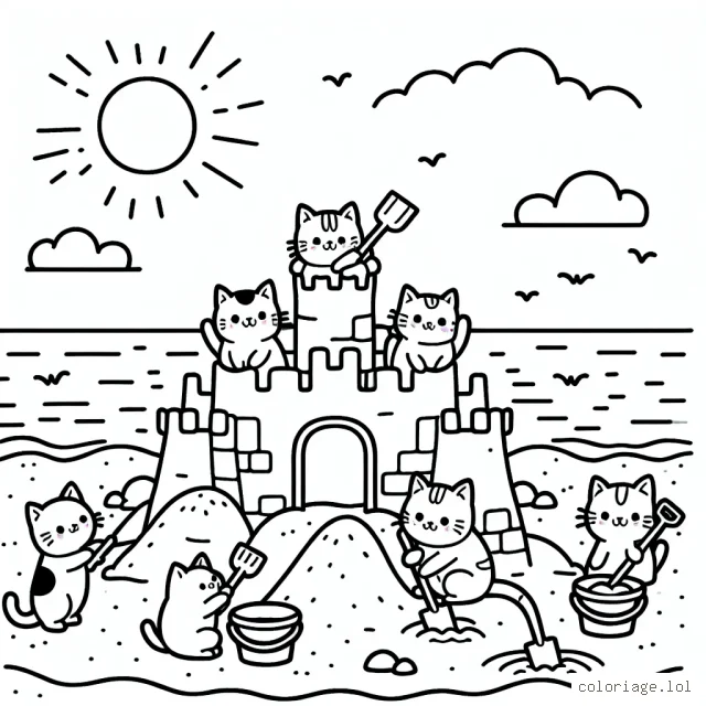 Une armée de chats espiègles jouant avec des pelles et des seaux dans un grand château de sable sur une plage ensoleillée.
