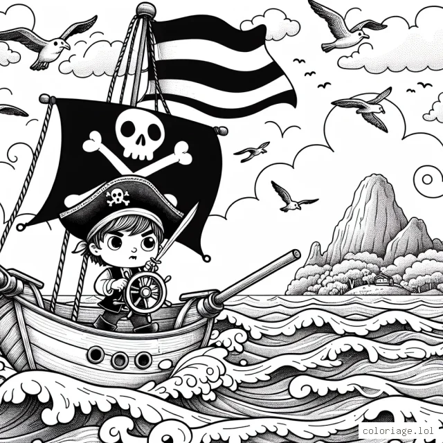 Un jeune pirate courageux navigue sur les mers tumultueuses à la recherche d'un trésor perdu. Son navire, orné d'un grand drapeau à tête de mort, fend les vagues alors qu'il tient fermement la barre. Le ciel est rempli de mouettes tourbillonnantes, et au loin, une île mystérieuse avec une montagne peut-être cachant le trésor tant désiré.