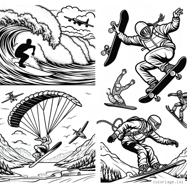 Sur cette scène incroyable, les surfeurs affrontent d'énormes vagues, un skateboarder décolle d'une rampe udacieuse, un skieur slalome sur une pente rocheuse et un parachutiste traverse le ciel. Parviendrez-vous à exprimer toutes ces émotions palpitantes à travers vos couleurs?