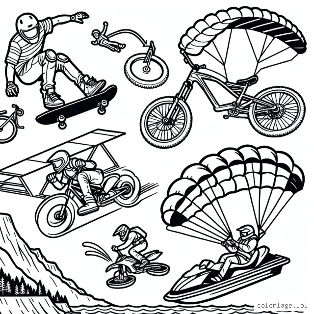 Illustration détaillée de sports extrêmes mettant en scène un skateboarder effectuant des acrobaties dans un skatepark, un VTTiste descendre une montagne escarpée, un parachutiste en plein vol, une personne faisant du jet-ski