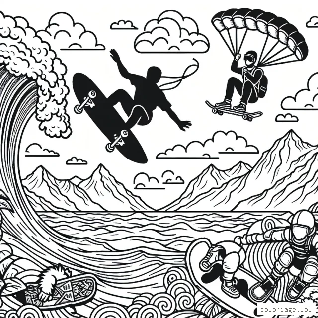 Dessine un surfeur équilibrant sur une vague géante, un skateur effectuant un trick dans un skatepark, un parachutiste tombant du ciel, et un alpiniste escaladant une crête montagneuse.