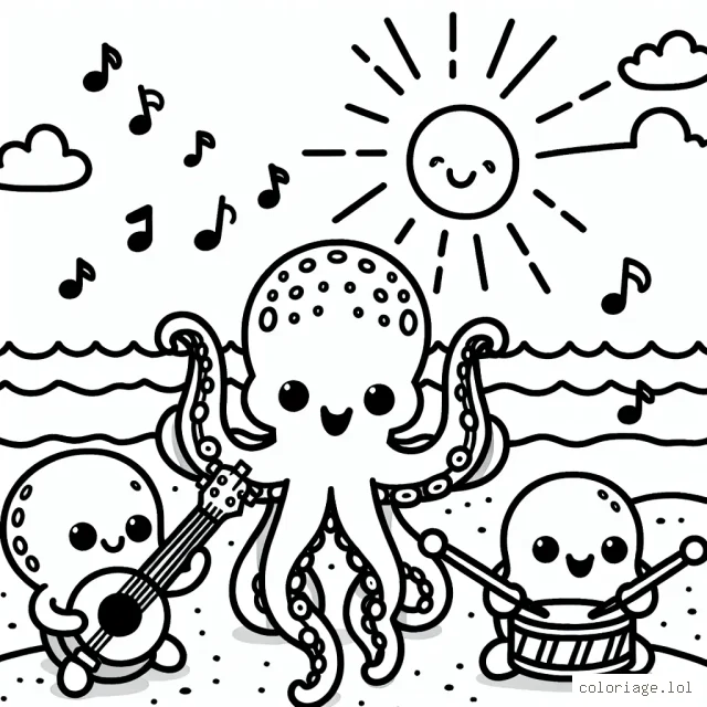 La bande de Musiciens Octopi sur une Plage aux joyeuses Mélodies!