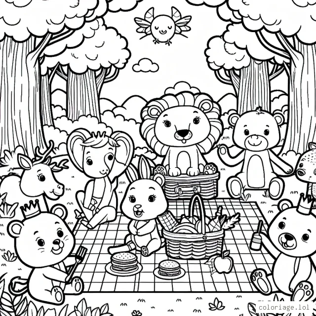 Un groupe joyeux d'animaux sauvages dans une forêt enchantée, ayant un pique-nique.