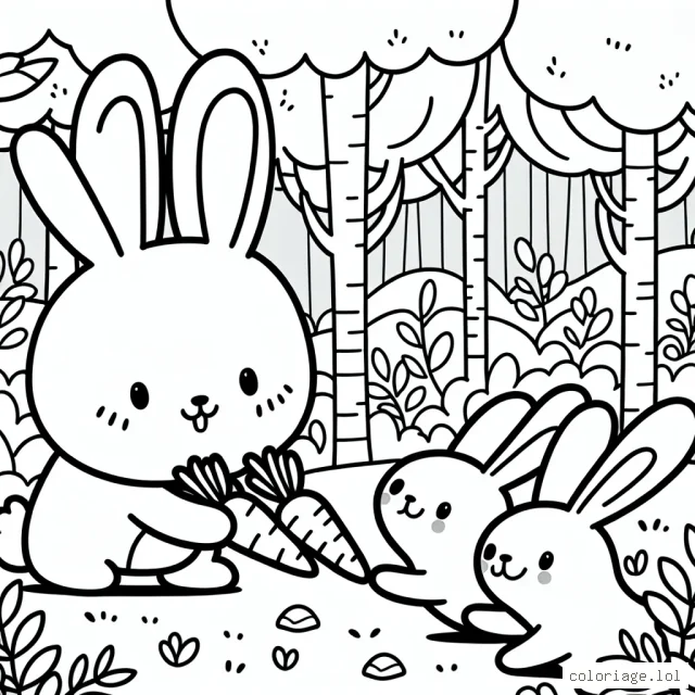 Dessine un lapin malicieux qui distribue des carottes à ses amis dans la forêt enchantée.