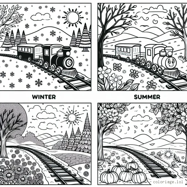 Un petit train voyageant à travers différentes saisons de l'année
