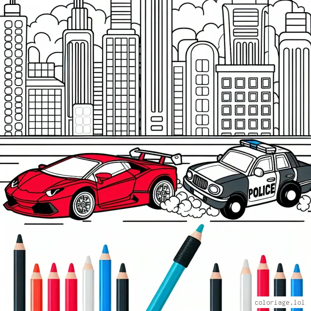 Dessinez une course palpitante entre une voiture de sport rouge et une voiture de police bleue dans une ville animée.