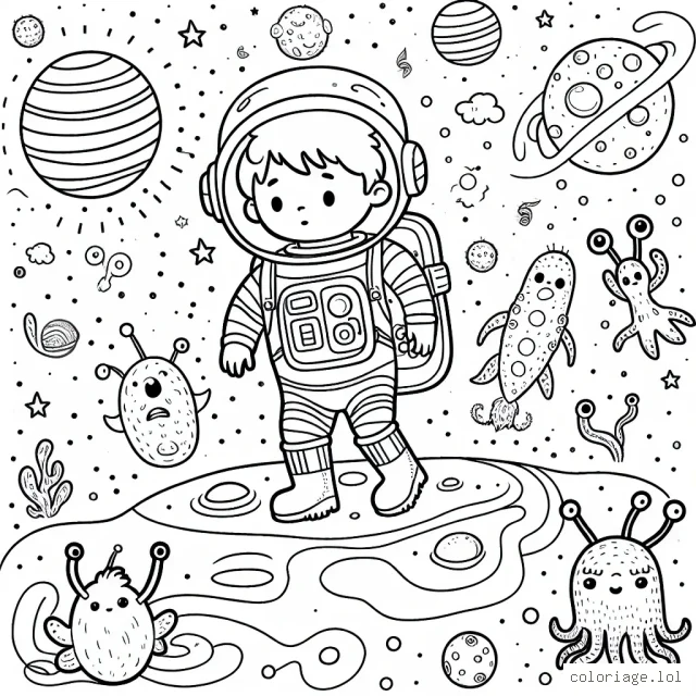 Un petit garçon habillé en cosmonaute découvre une nouvelle planète peuplée de créatures amusantes de formes bizarres