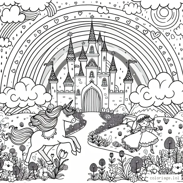 Un paysage magique d'un monde féerique avec une licorne et une petite fille qui partent en aventure à travers arc-en-ciel et château de nuages.