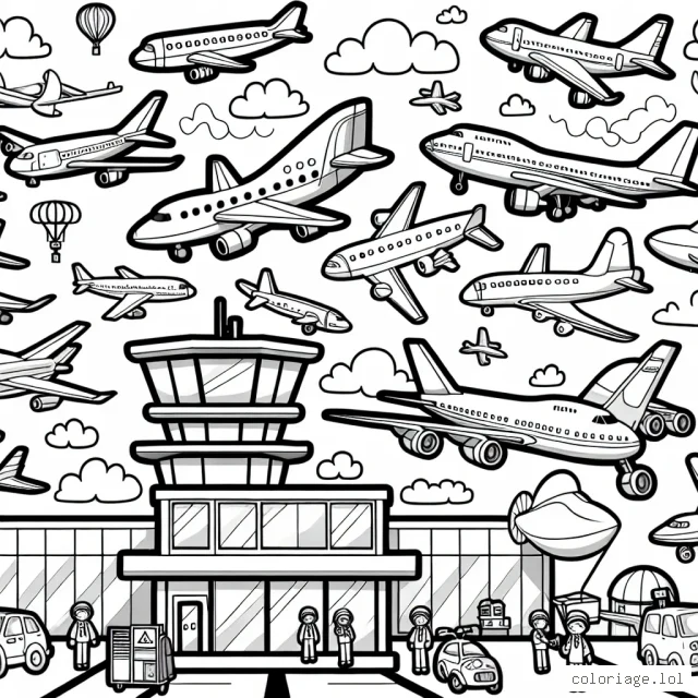Voici une scène aérienne excitante avec différents types d'avions dans le ciel. En bas, on peut voir la tour de contrôle et les employés au sol qui travaillent pour assurer la sécurité des vols. Il y a des avions à hélices et des avions à réaction, et même un dirigeable! Chaque avion a des détails uniques qui attendent tes couleurs vives.