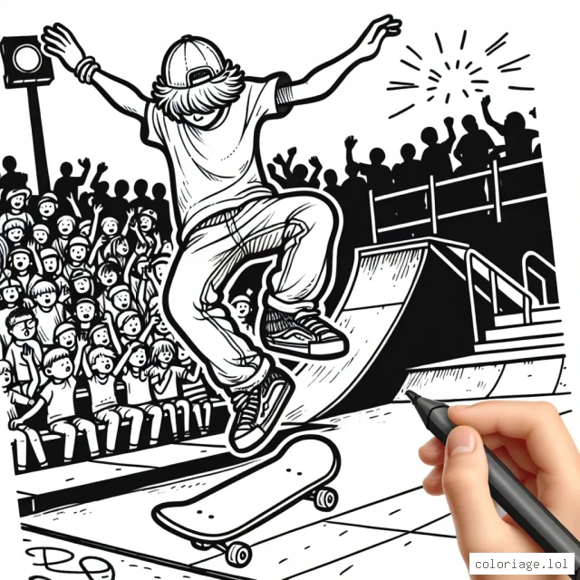 Dessinez un jeune skateur effectuant un saut impressionnant dans un parc à skate, avec une foule en arrière-plan. Vous pouvez ajouter des détails comme le casque et le protège-genou du skateur, les graffitis sur les rampes et murs, et les expressions d'excitation de la foule.