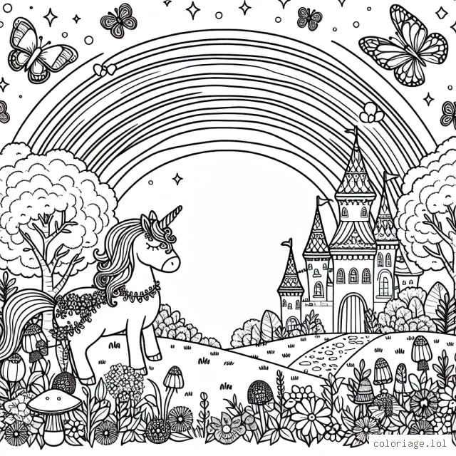Un jardin enchanté habité par une licorne et des papillons colorés, qui est entouré d'un arc-en-ciel magnifique, d'arbres fleuris et de champignons magiques