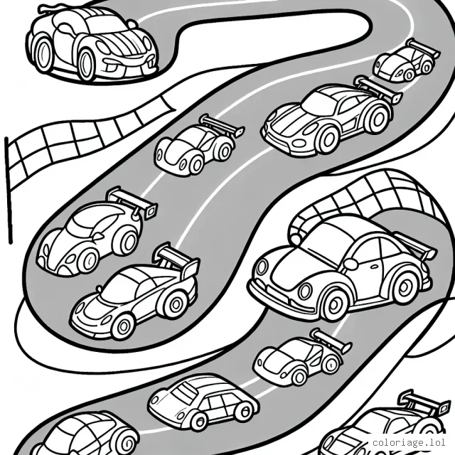 Dessine une course animée avec des voitures de toutes formes et couleurs sur une piste de course sinueuse.