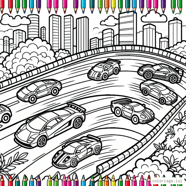 Une course effrénée de voitures multicolores traversant la ville et la campagne