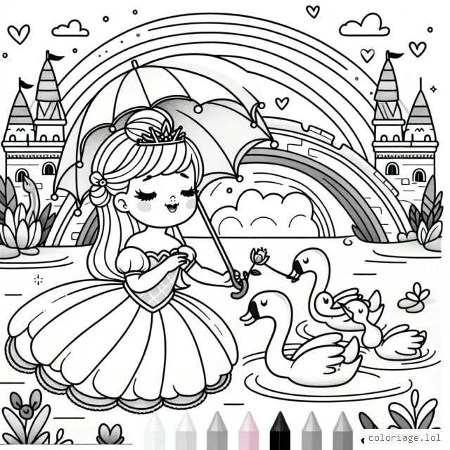 Princesse Lilly tenant un parapluie sur un pont arc-en-ciel en train de nourrir des cygnes dans un paysage féerique