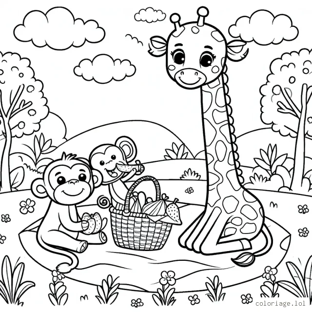 Dans un paysage de jungle, une girafe effectue un savoureux pique-nique avec deux singes coquins
