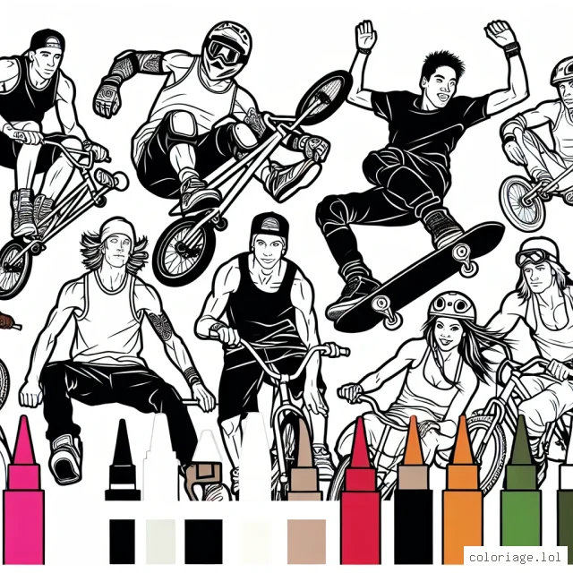 Joue avec des couleurs vives pour personnaliser ces sportifs extrêmes en plein action !