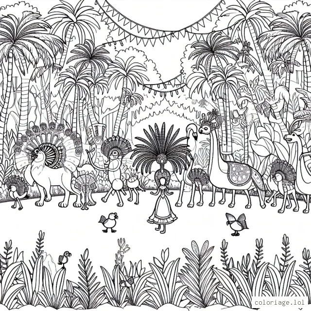 Imagine un carnaval fantastique avec une parade d'animaux incroyables dans la jungle!