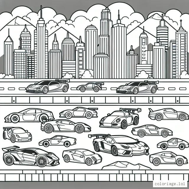 Dessine une grande course de voitures sportives avec un arrière-plan animé de la ville, incluant diverses voitures de différentes formes et tailles.
