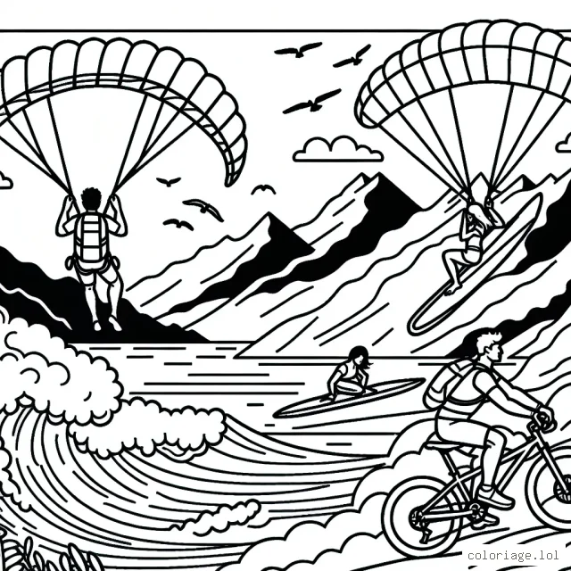 Écris une scène hyper détaillée où un sportif fait du parapente au-dessus des montagnes, un autre du surf sur de grosses vagues et un troisième du vélo de montagne sur un sentier escarpé.