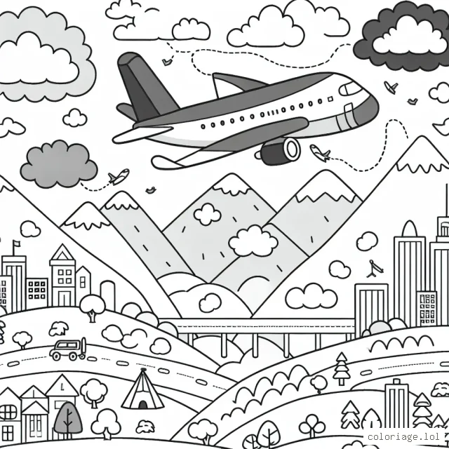 Un avion vole au-dessus des montagnes, des nuages et des villes.