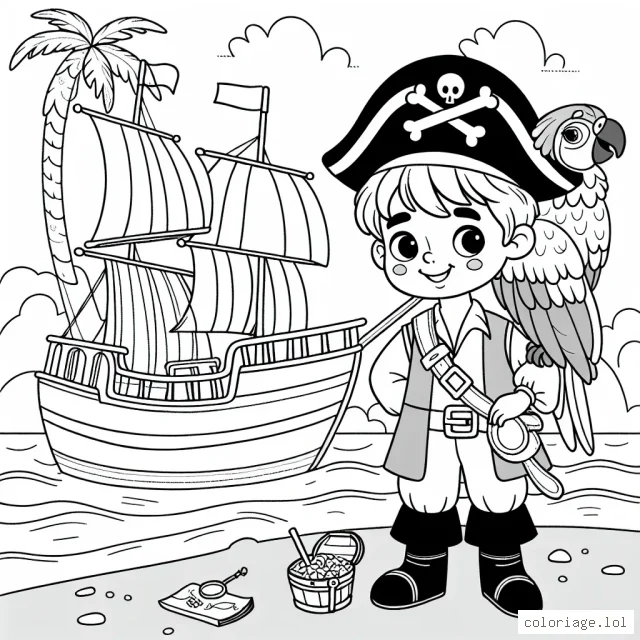 Un petit garçon vêtu comme un courageux pirate se tient devant son navire, le sourire aux lèvres. Au premier plan, on trouve un perroquet coloré perché sur son bras. Le bateau pirate navigue sur une mer calme, avec une île au trésor visible à l'horizon. Celle-ci est ornée d'un palmier, d'une carte au trésor et d'un coffre prêt à être découvert.