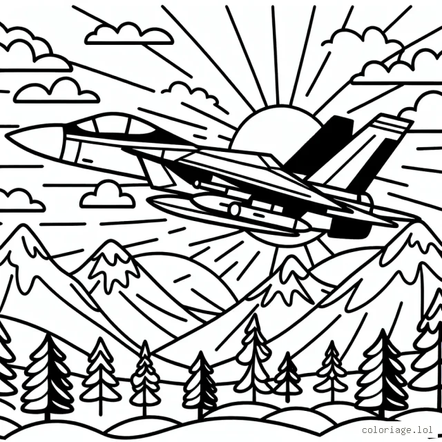 Colorie un avion de chasse volant au-dessus des montagnes, avec un soleil couchant en arrière-plan.