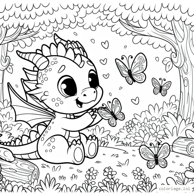 Un petit dragon amical qui joue avec des papillons dans une forêt enchantée.