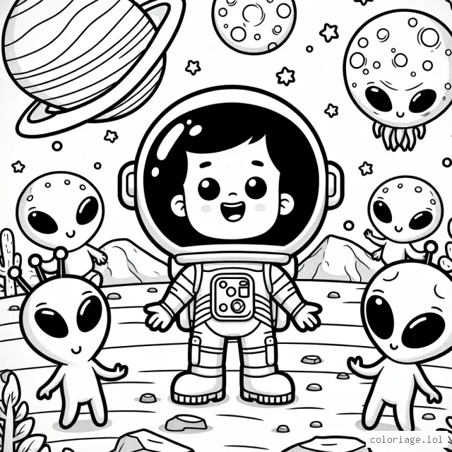 Un astronaute se promène sur la planète Mars entourée d'extraterrestres sympathiques