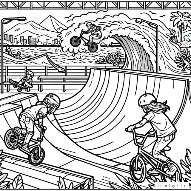 Dans cette scène vibrante d'action, dessine un enfant qui fait du skateboard sur une rampe, un autre qui fait du BMX dans un half-pipe, et un troisième qui surfe une vague géante. Ne manque pas d'ajouter des détails tels que les casques et les tenues de sport, ainsi que l'environnement autour d'eux.