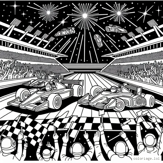 Dessine une course épique de voitures sur une piste illuminée par des néons, avec une foule de fans en délire dans les gradins.