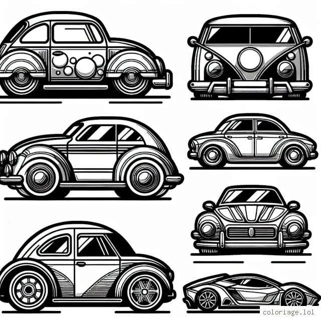 Créons des voitures colorées ! Pour chaque marque de voiture, il y a une forme unique à colorer. Du design en forme de bulle de la Volkswagen Beetle, aux lignes élégantes de la Mercedes-Benz, en passant par les courbes nerveuses de la Lamborghini, explorons ensemble le monde de l'automobile en le coloriant. Utilise tes couleurs préférées pour donner vie à ces voitures !