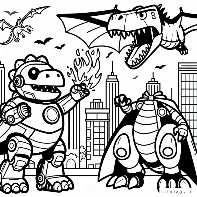 Une aventure épique de super héros, avec un dinosaure robot, en train de protéger la ville contre un dragon cracheur de feu