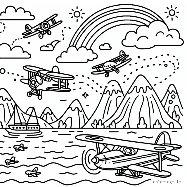 Imagine un ciel rempli d'avions de différentes formes et tailles. Il y a des jets de ligne aux ailes larges survolant des montagnes, des biplans effectuant des loopings près d'un arc-en-ciel et un petit avion à hélice volant à la surface d'un océan calme. Colorie ces avions et le paysage autour d'eux.
