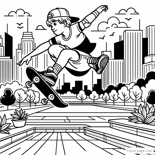 Créer une scène dynamique avec un skateur en mid-air exécutant une figure acrobatique, entouré par un paysage urbain.