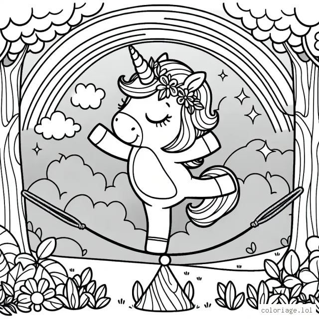 Dessine une scène féerique de la petite licorne équilibriste dansant sous un arc-en-ciel dans la forêt enchantée.