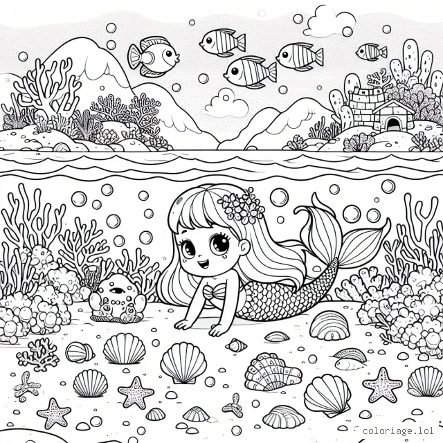 Une petite sirène gracieuse nage joyeusement parmi ses amis les poissons colorés au milieu d'un joli paysage marin orné de coraux et de magnifiques plantes aquatiques. Il y a aussi un tapis de petites étoiles de mer, des coquillages chatoyants et un château de sable laissé par une marée basse au fond de l'océan.