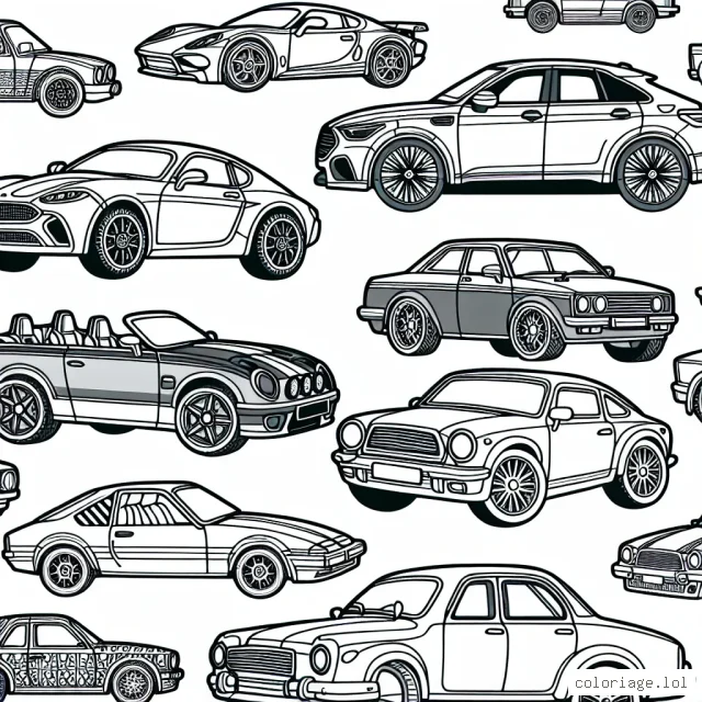 Un parc de voitures de différentes marques attend d'être coloré. On y trouve des modèles de marques célèbres comme Ferrari, Mercedes, BMW, Audi, Lamborghini, Porsche, Ford, Chevrolet et Bugatti. Chaque voiture a été détaillée pour inclure des caractéristiques spécifiques à chaque marque. En plus, il y a des formes géométriques clés qui apporteront du relief à votre travail de coloriage.