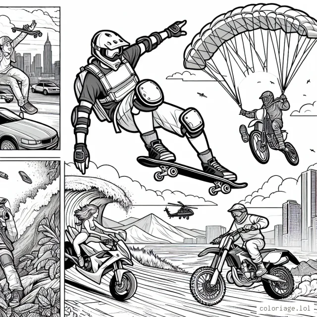 Un skateur effectue une acrobatie impressionnante dans un skate-park urbain. Il est accompagné par des participants de sports extrêmes tels que un surfeur surfant sur une vague énorme, une motocross traversant un sentier rocheux et un parachutiste descendant du ciel. Tous ont des équipements de protection et des sports extrêmes dans un paysage varié.