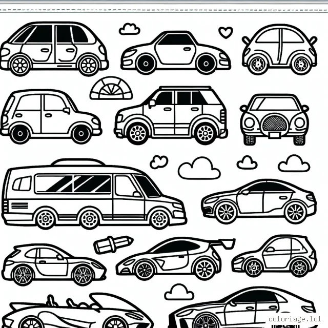 Crée un coloriage mettant en scène différents modèles de voitures triées par marque.