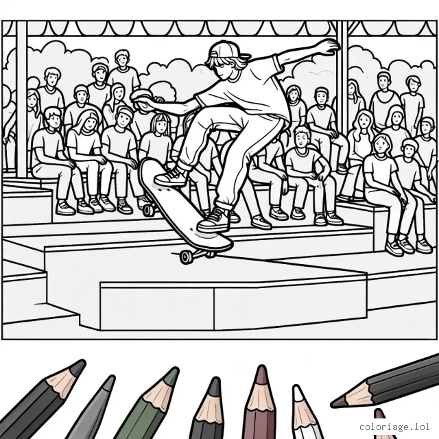 Draw a scene of a skateboarder performing stunts in a skate park, with spectators watching in amazement. Add vibrant colors to bring this exciting moment to life!