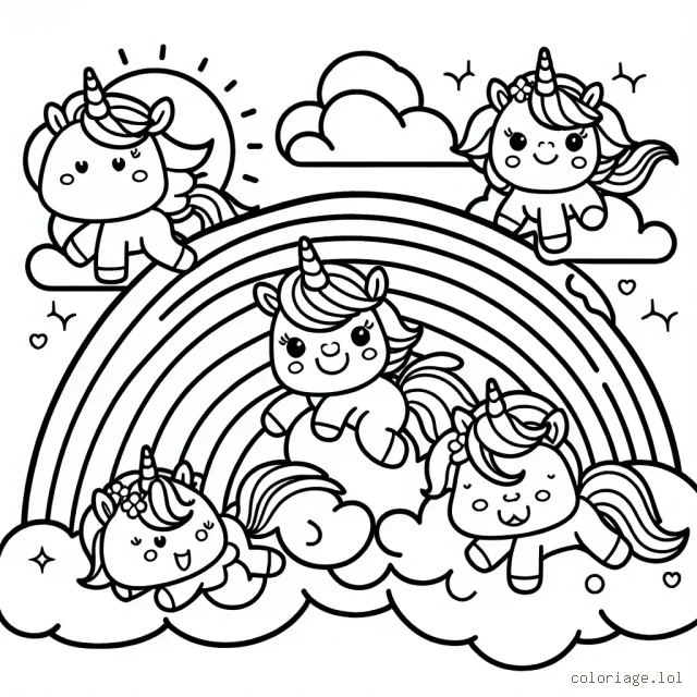 Un groupe de licornes joyeuses qui jouent sur un arc-en-ciel pendant une journée ensoleillée