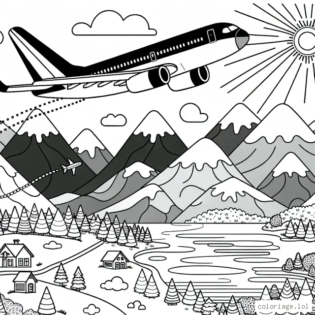 Un avion de ligne est en plein vol au-dessus des montagnes recouvertes de neige. Derrière lui, un autre avion s'élève, laissant une traînée blanche dans le ciel. Au-dessus d'eux, le soleil brille, projetant de belles teintes de bleu et d'orange dans le ciel. En bas, vous pouvez voir un paysage pittoresque avec des lacs, des maisons, des arbres et un champ de fleurs.