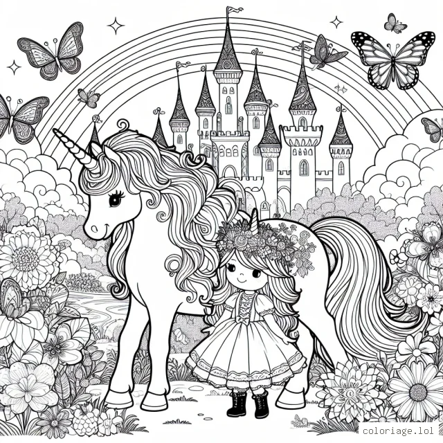 Une petite princesse et son majestueux cheval licorne dans un univers féerique rempli de papillons enchantés, de fleurs éclatantes et d'un magnifique château arc-en-ciel.