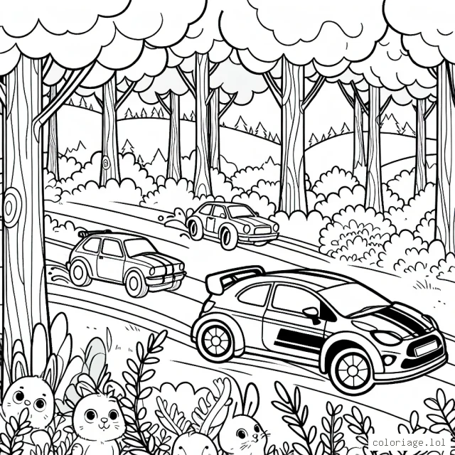 Dessine une journée de rallye avec des voitures de différentes couleurs traversant une forêt dense avec des animaux curieux qui les regardent passer.