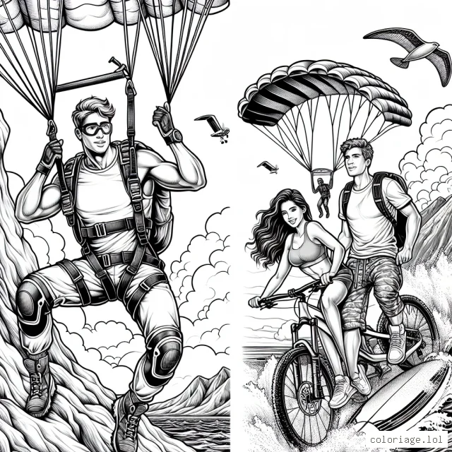 Au sommet de la colline, une personne en vêtements de sport prépare son saut en parachute. À ses côtés, un autre athlète s'apprête à descendre la colline en mountain bike. En bas de la colline, un surfeur brave les vagues venant s'écraser sur les rochers. Dans le ciel, une personne faisant du deltaplane plane tranquillement. Tous ces sportifs exercent leur passion avec détermination et courage. À toi de donner vie à cette scène sportive extrême en y ajoutant des couleurs vives et énergiques.